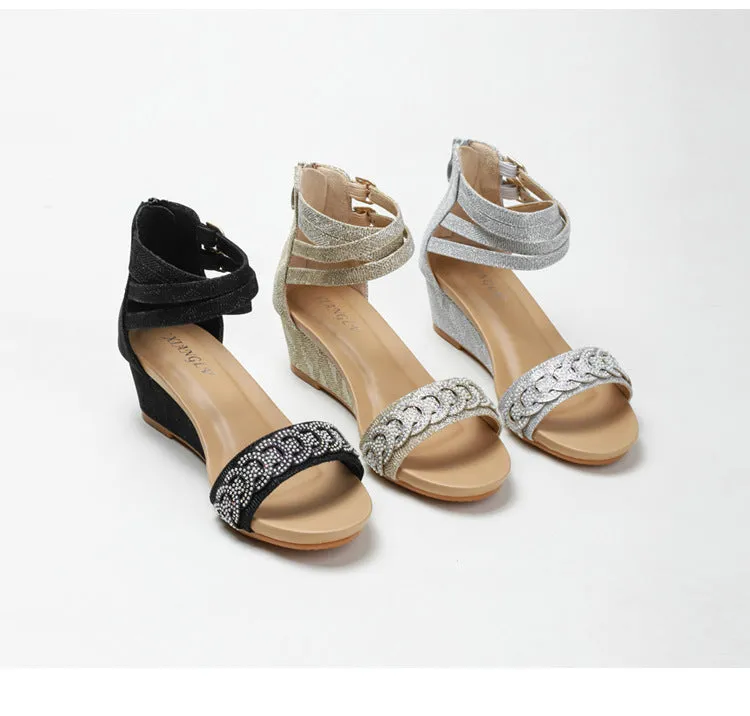 Summer Wedge Shoes for Women Sandals Rhinestones High Heels One Word Belt Casual Ladies Buckle Fashion Female Sandalias Mujer