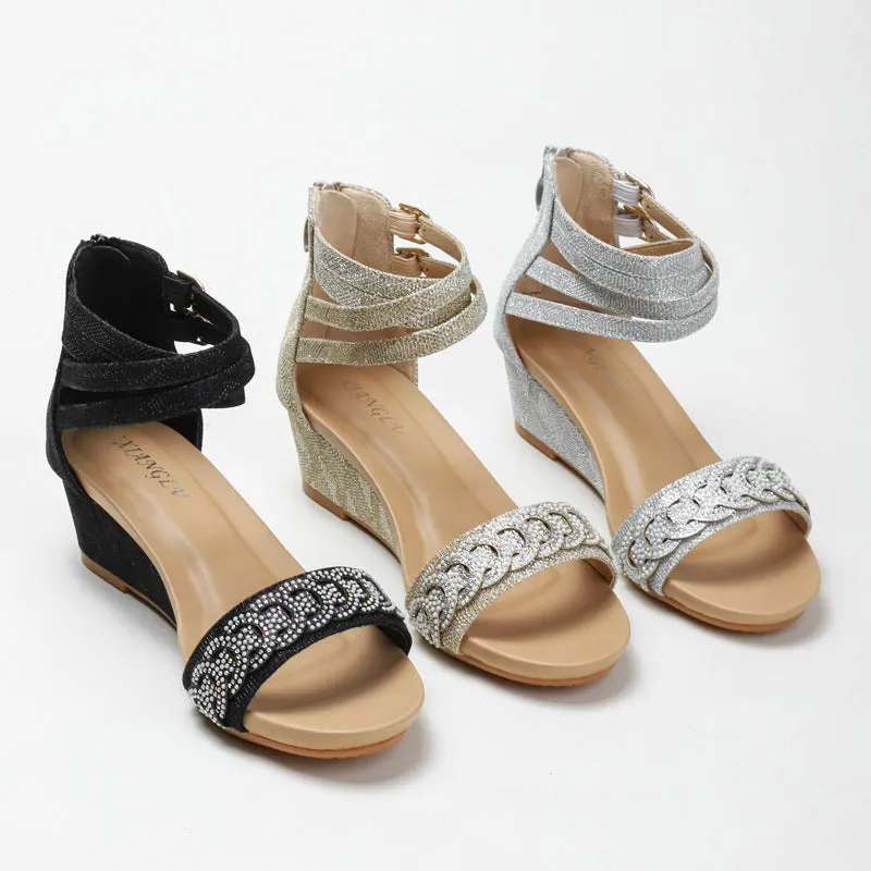 Summer Wedge Shoes for Women Sandals Rhinestones High Heels One Word Belt Casual Ladies Buckle Fashion Female Sandalias Mujer