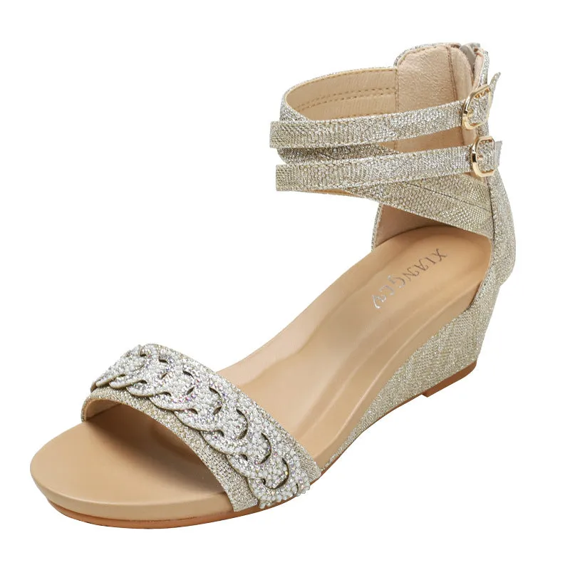 Summer Wedge Shoes for Women Sandals Rhinestones High Heels One Word Belt Casual Ladies Buckle Fashion Female Sandalias Mujer