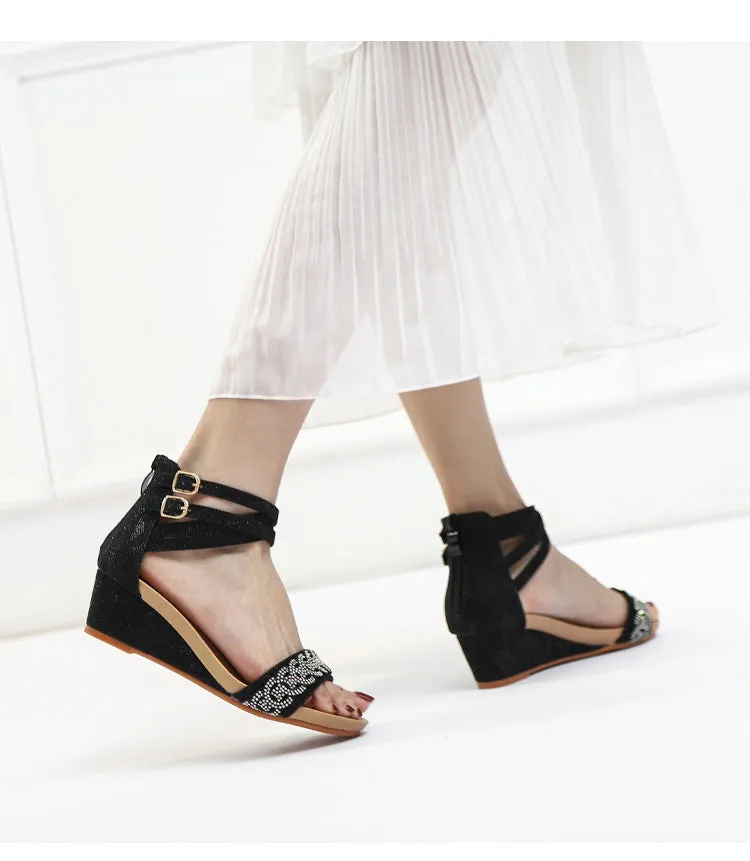 Summer Wedge Shoes for Women Sandals Rhinestones High Heels One Word Belt Casual Ladies Buckle Fashion Female Sandalias Mujer