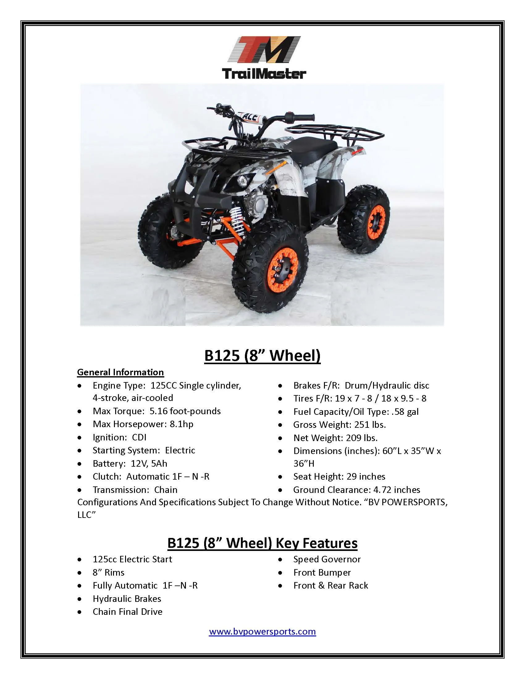 TrailMaster B125 Youth ATV - 107cc,  29 inch Seat Height, Automatic Transmission with Reverse, Electric Start, Bead Lock Style Rims