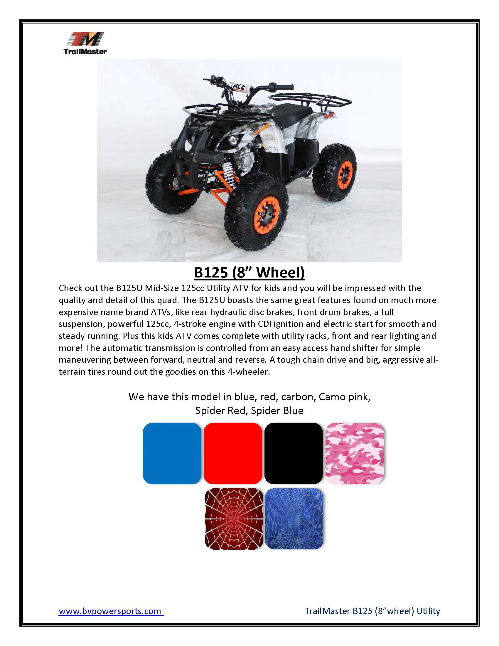 TrailMaster B125 Youth ATV - 107cc,  29 inch Seat Height, Automatic Transmission with Reverse, Electric Start, Bead Lock Style Rims