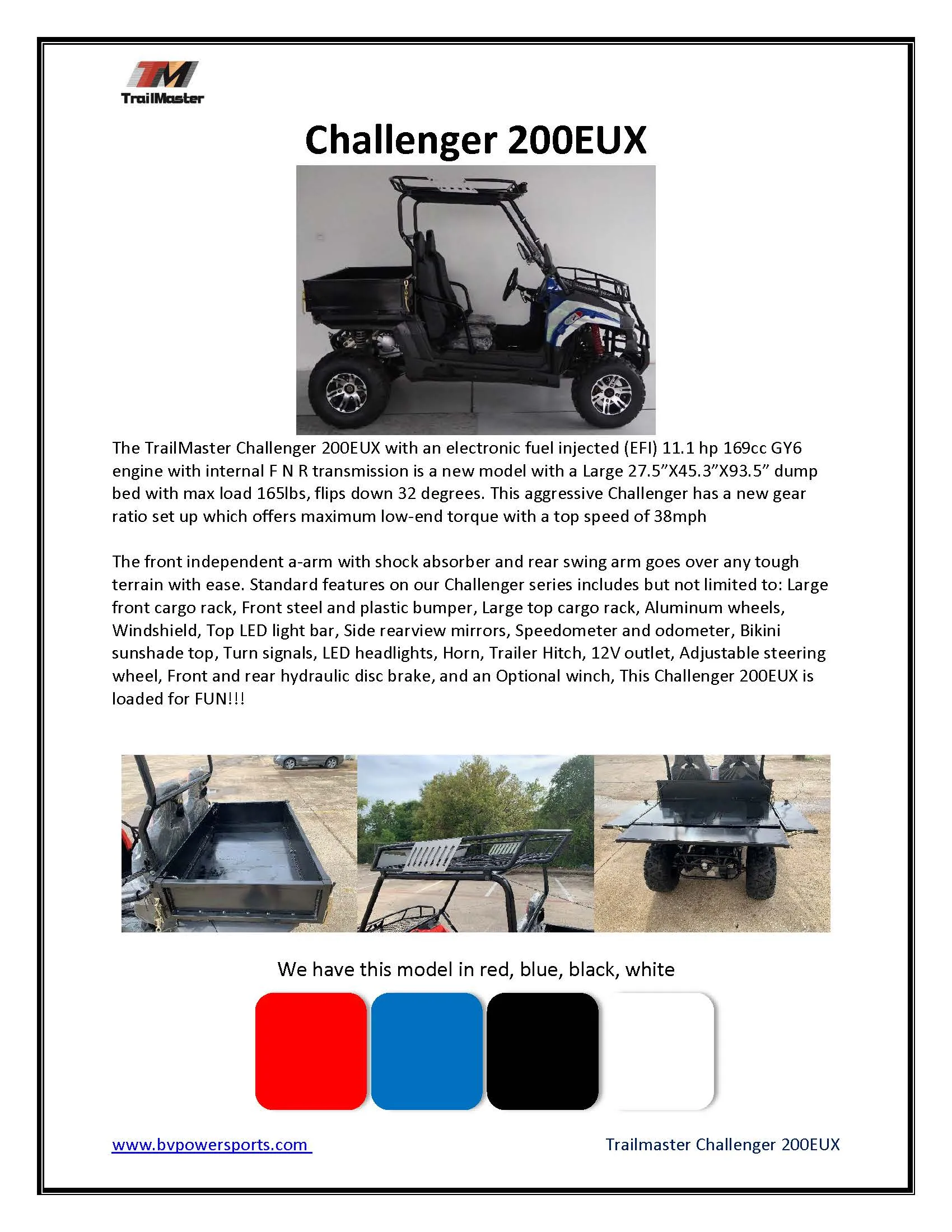 Trailmaster Challenger 200EUX EFI, The Ultimate Challenger Cross Over. Automatic, Low End Torque, Racks and Light Bar included