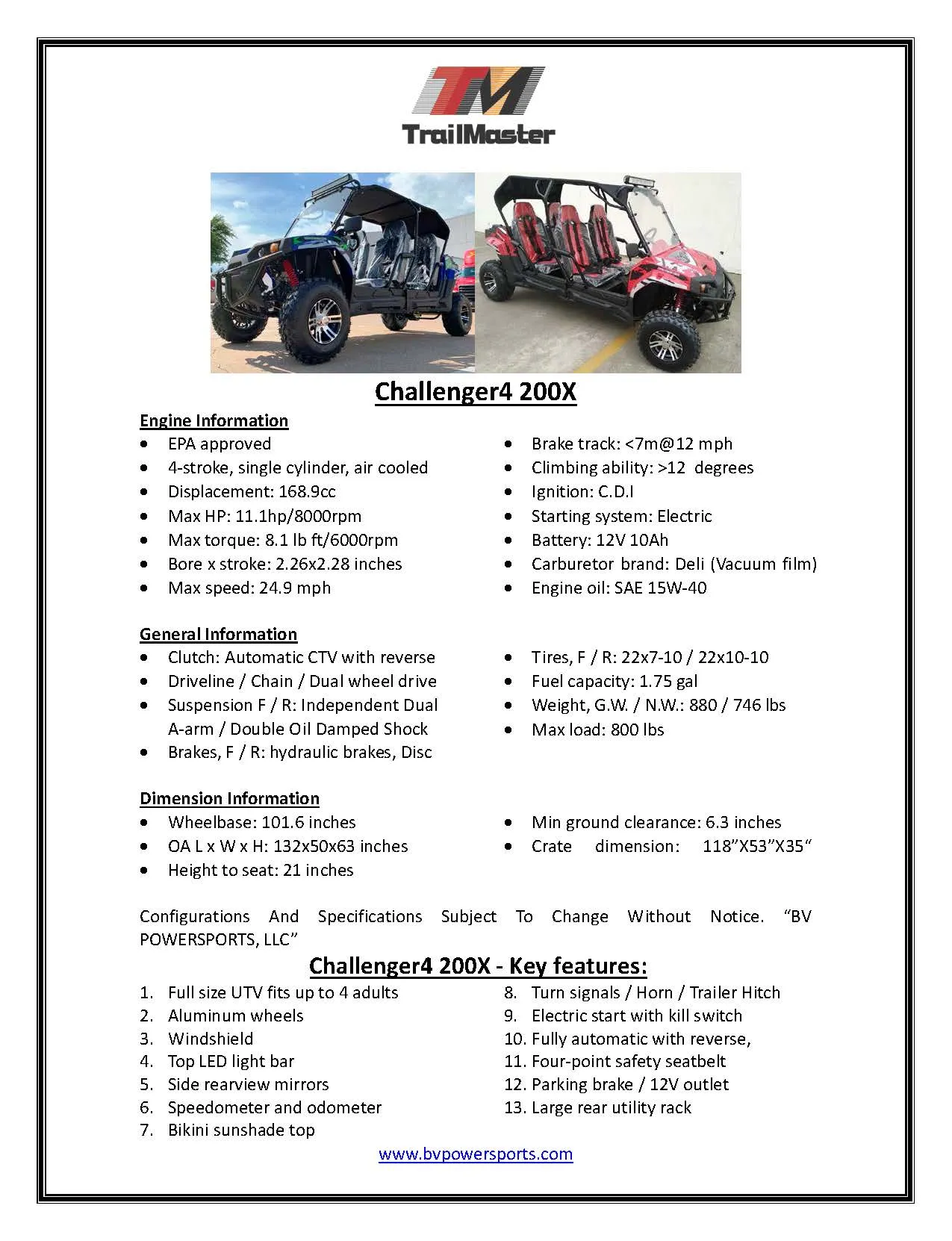 TrailMaster Challenger 4-200X 4 Seats UTV side-by-side, Automatic Transmission, Throttle limiter