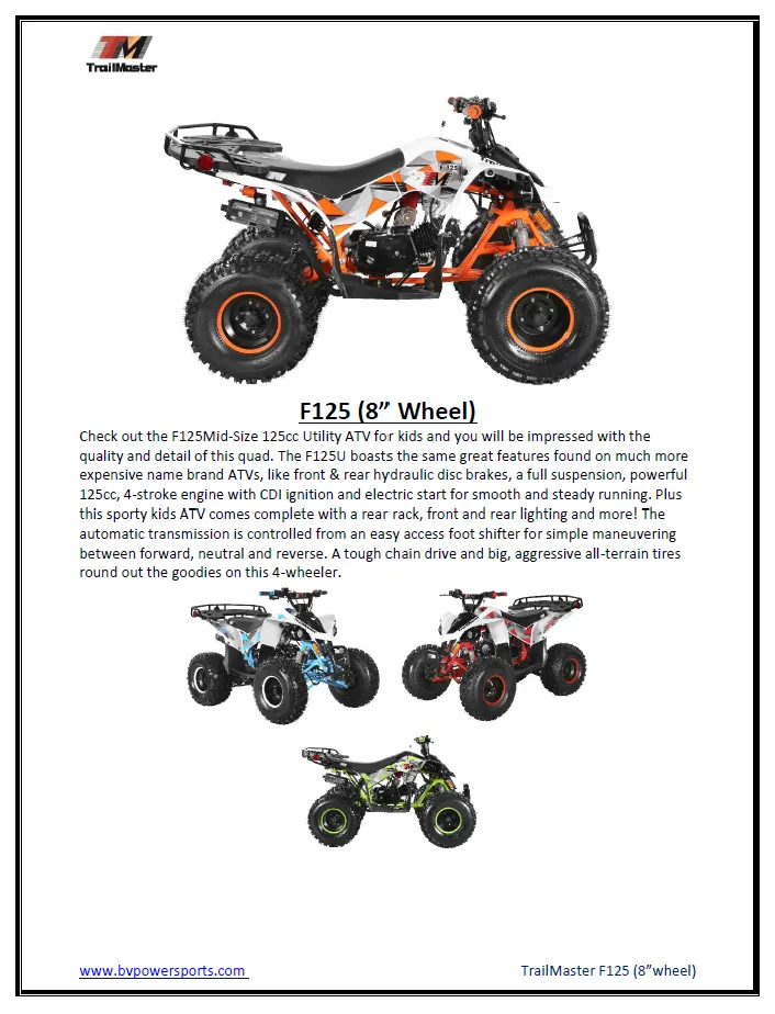 TrailMaster F125 Youth ATV, 8" wheel, 125cc 4-stroke, air-cooled, Automatic with Reverse. electric start, Throttle Limiter,