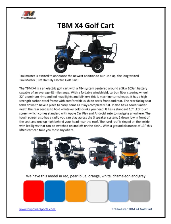 Trailmaster TBM X4, 48V Electric Golf Cart, Four Passenger, Electromagnetic Braking, Custom Rims, Lifted, Ground Effects LED lights, 10.5 LED Display, 48 Mile range, High/Low Trans