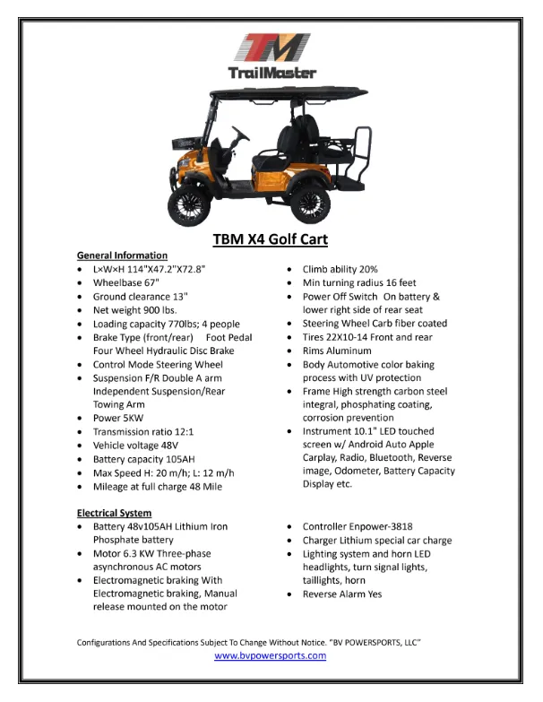 Trailmaster TBM X4, 48V Electric Golf Cart, Four Passenger, Electromagnetic Braking, Custom Rims, Lifted, Ground Effects LED lights, 10.5 LED Display, 48 Mile range, High/Low Trans