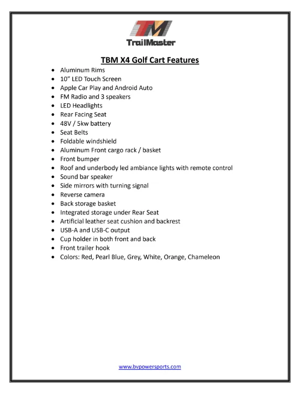 Trailmaster TBM X4, 48V Electric Golf Cart, Four Passenger, Electromagnetic Braking, Custom Rims, Lifted, Ground Effects LED lights, 10.5 LED Display, 48 Mile range, High/Low Trans