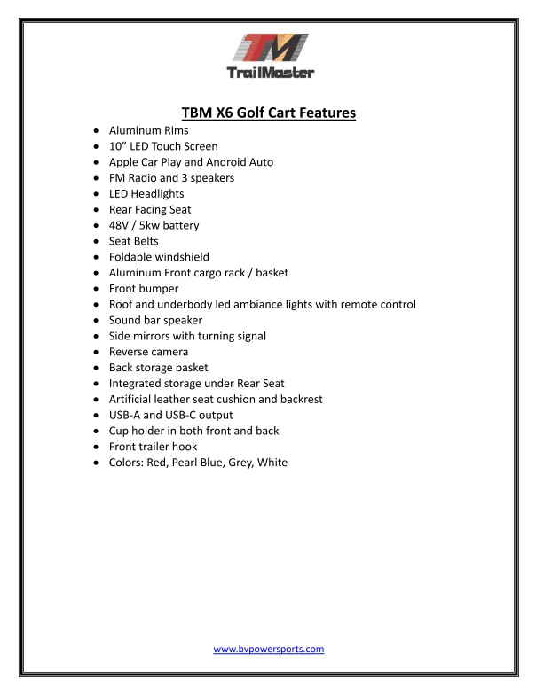 Trailmaster TBM X6 Off Road Golf Cart, Custom Rims, 10 inch LED Screen, Carbon Steel Frame, Radio, Bluetooth, Back Up Camera,