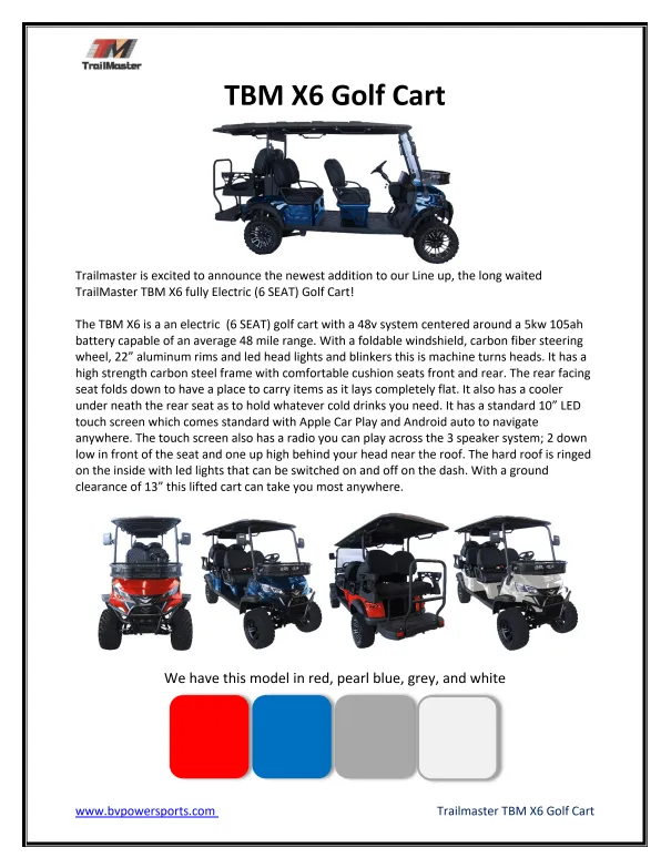 Trailmaster TBM X6 Off Road Golf Cart, Custom Rims, 10 inch LED Screen, Carbon Steel Frame, Radio, Bluetooth, Back Up Camera,