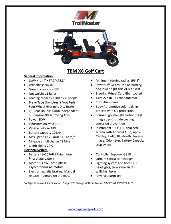 Trailmaster TBM X6 Off Road Golf Cart, Custom Rims, 10 inch LED Screen, Carbon Steel Frame, Radio, Bluetooth, Back Up Camera,