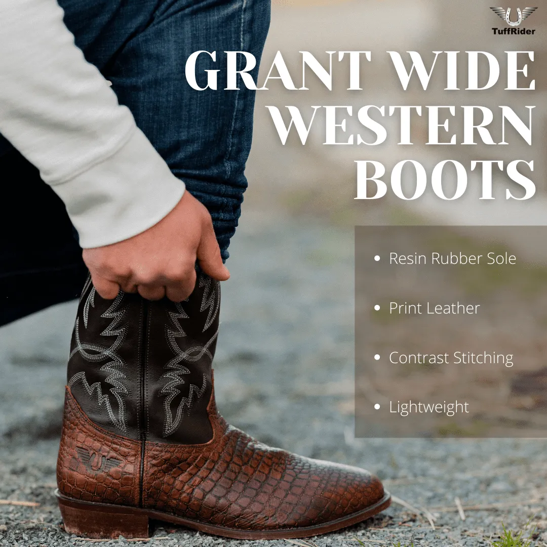 TuffRider Men's Grant Leather Printed Wide Square Toe Western Boots