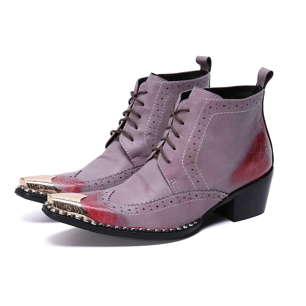 Two Tones Metal Toe Lace Up Ankle Boots for Men