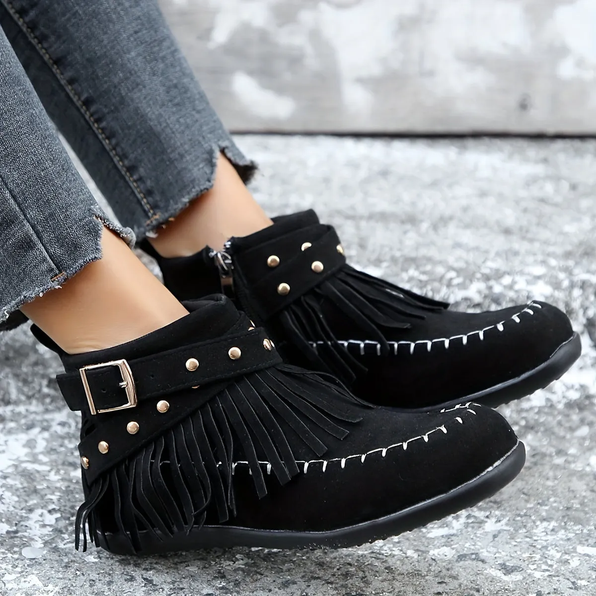 Women's Tassel Decor Short Boots, Fashion Metal Beads Decor Ankle Boots, Stylish Side Zipper Boots