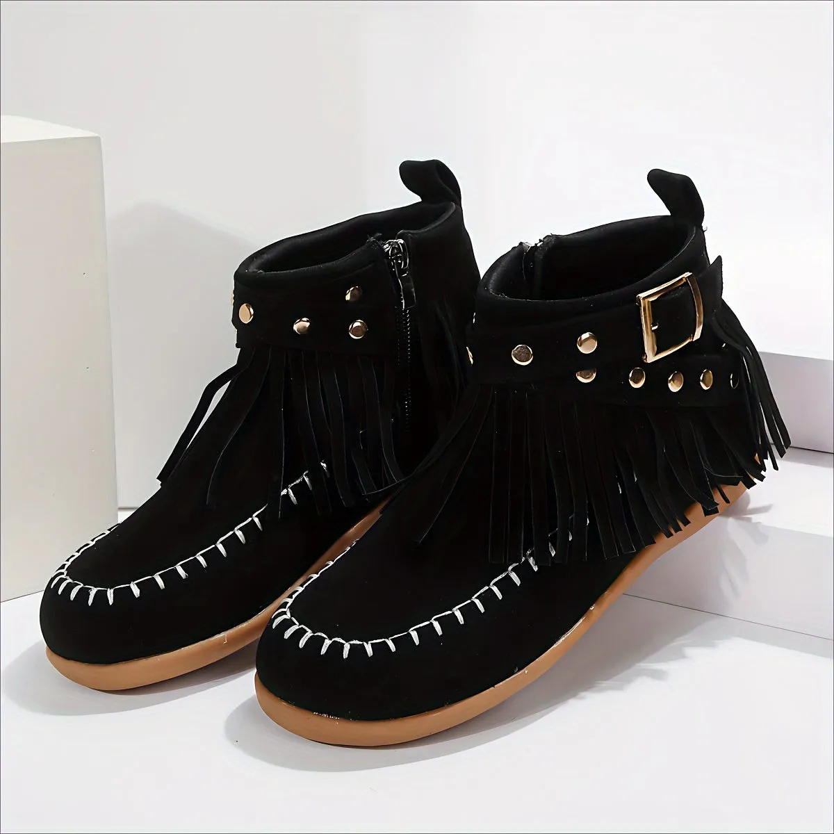 Women's Tassel Decor Short Boots, Fashion Metal Beads Decor Ankle Boots, Stylish Side Zipper Boots