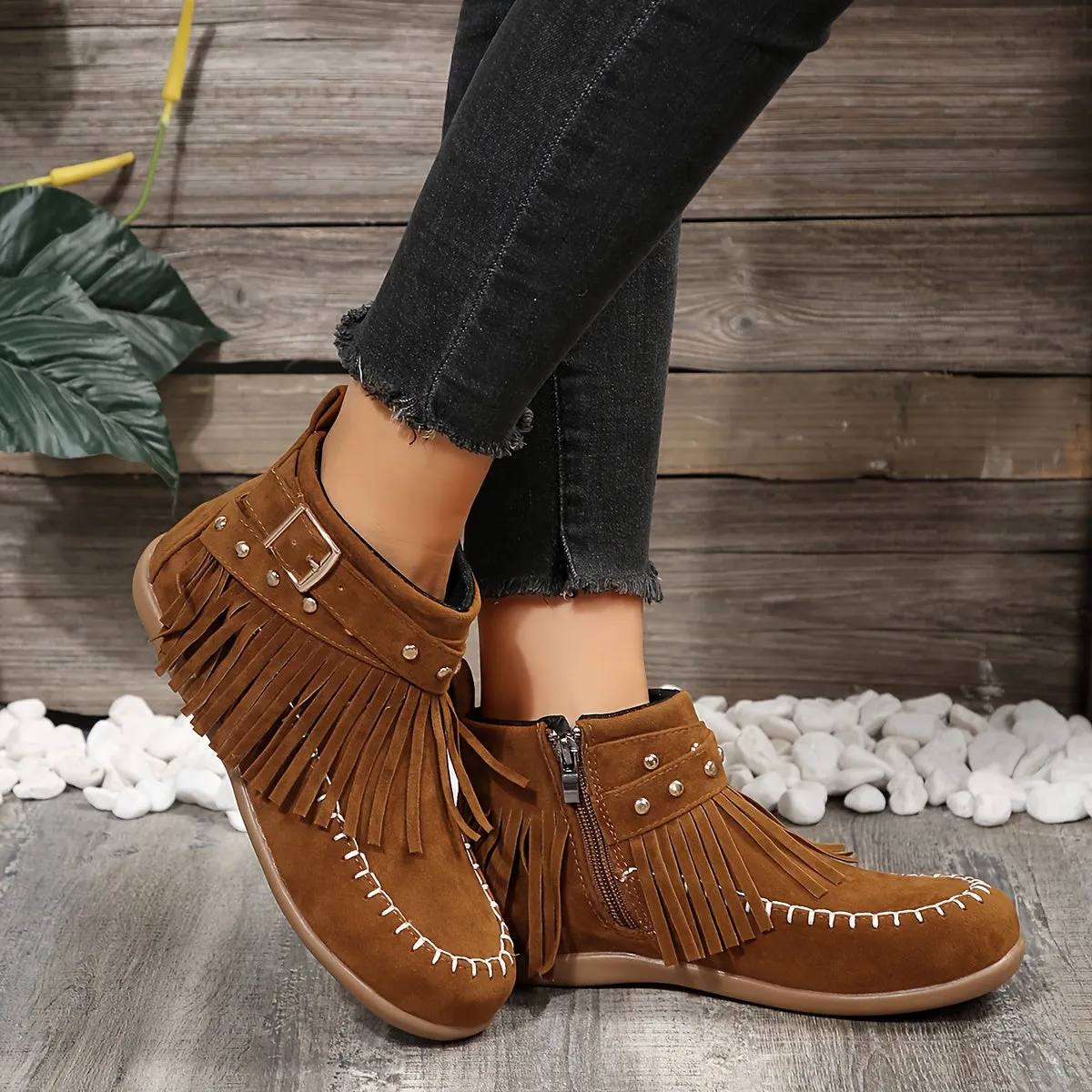 Women's Tassel Decor Short Boots, Fashion Metal Beads Decor Ankle Boots, Stylish Side Zipper Boots